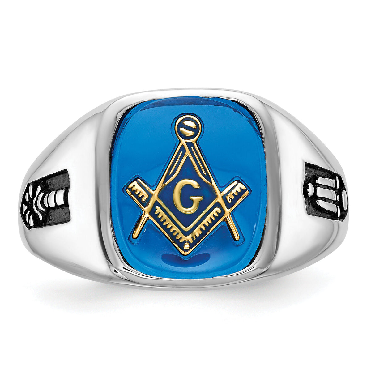 14kw Men's Grooved w/ Black Enamel & Imit. Blue Spinel Masonic Ring-Y1589M