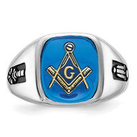14kw Men's Grooved w/ Black Enamel & Imit. Blue Spinel Masonic Ring-Y1589M