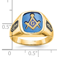 14kw Men's Grooved w/ Black Enamel & Imit. Blue Spinel Masonic Ring-Y1589M