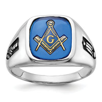 14kw Men's Grooved w/ Black Enamel & Imit. Blue Spinel Masonic Ring-Y1589M