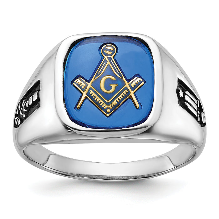 14kw Men's Grooved w/ Black Enamel & Imit. Blue Spinel Masonic Ring-Y1589M
