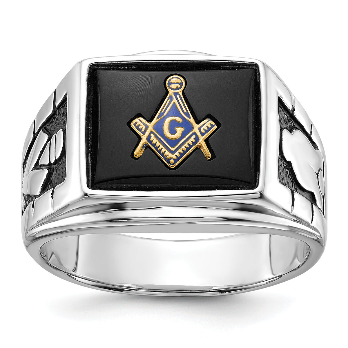 14k White Gold Men's Polished & Textured w/ Black Enamel Onyx Masonic Ring-Y1591M