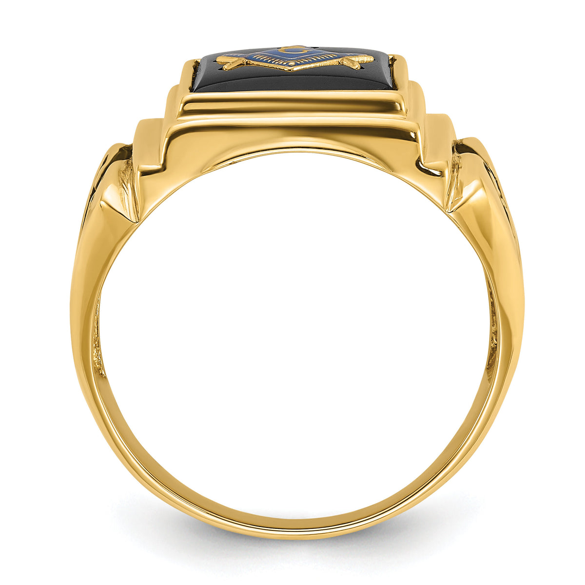 14k Men's Polished and Textured with Black Enamel and Onyx Masonic Ring-Y1593M
