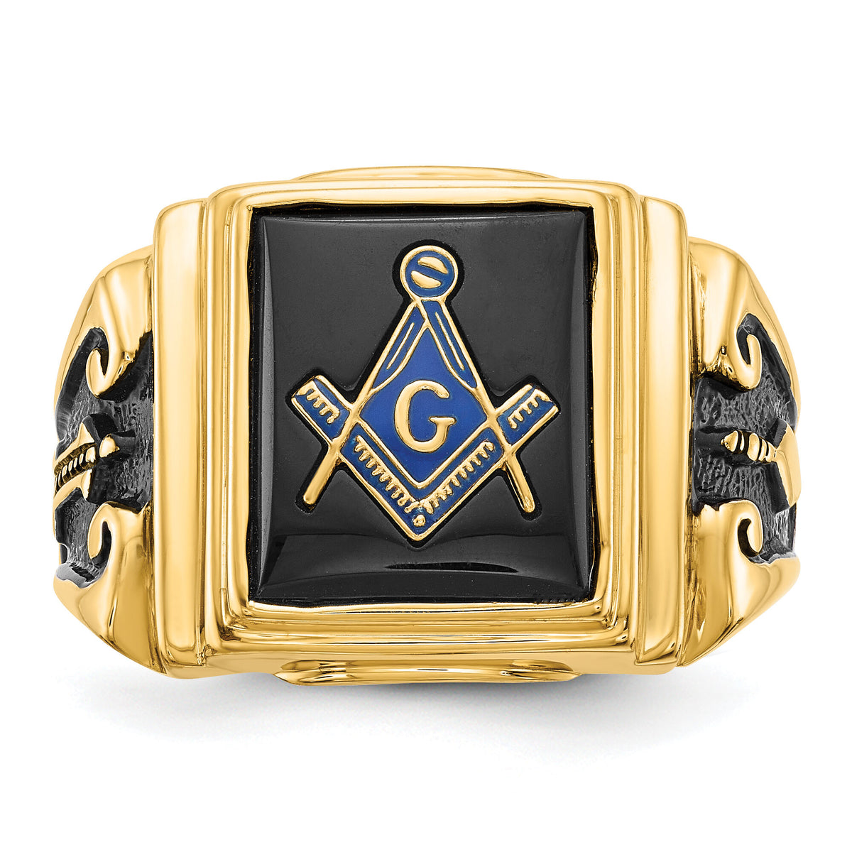 14k Men's Polished and Textured with Black Enamel and Onyx Masonic Ring-Y1593M