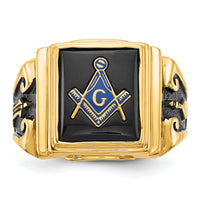14k Men's Polished and Textured with Black Enamel and Onyx Masonic Ring-Y1593M
