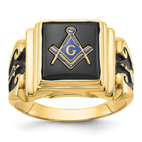 14k Men's Polished and Textured with Black Enamel and Onyx Masonic Ring-Y1593M