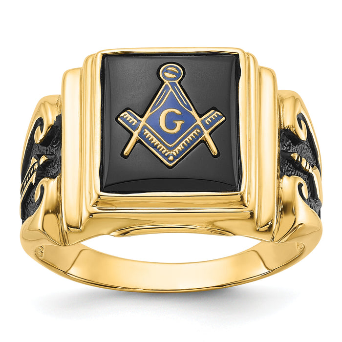 14k Men's Polished and Textured with Black Enamel and Onyx Masonic Ring-Y1593M