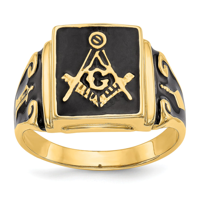 14k Men's Polished and Textured with Black Enamel Masonic Ring-Y1594M