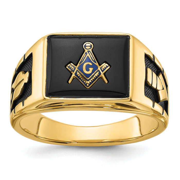 14k Men's Textured w/ Black Enamel & Onyx Masonic Ring-Y1595M