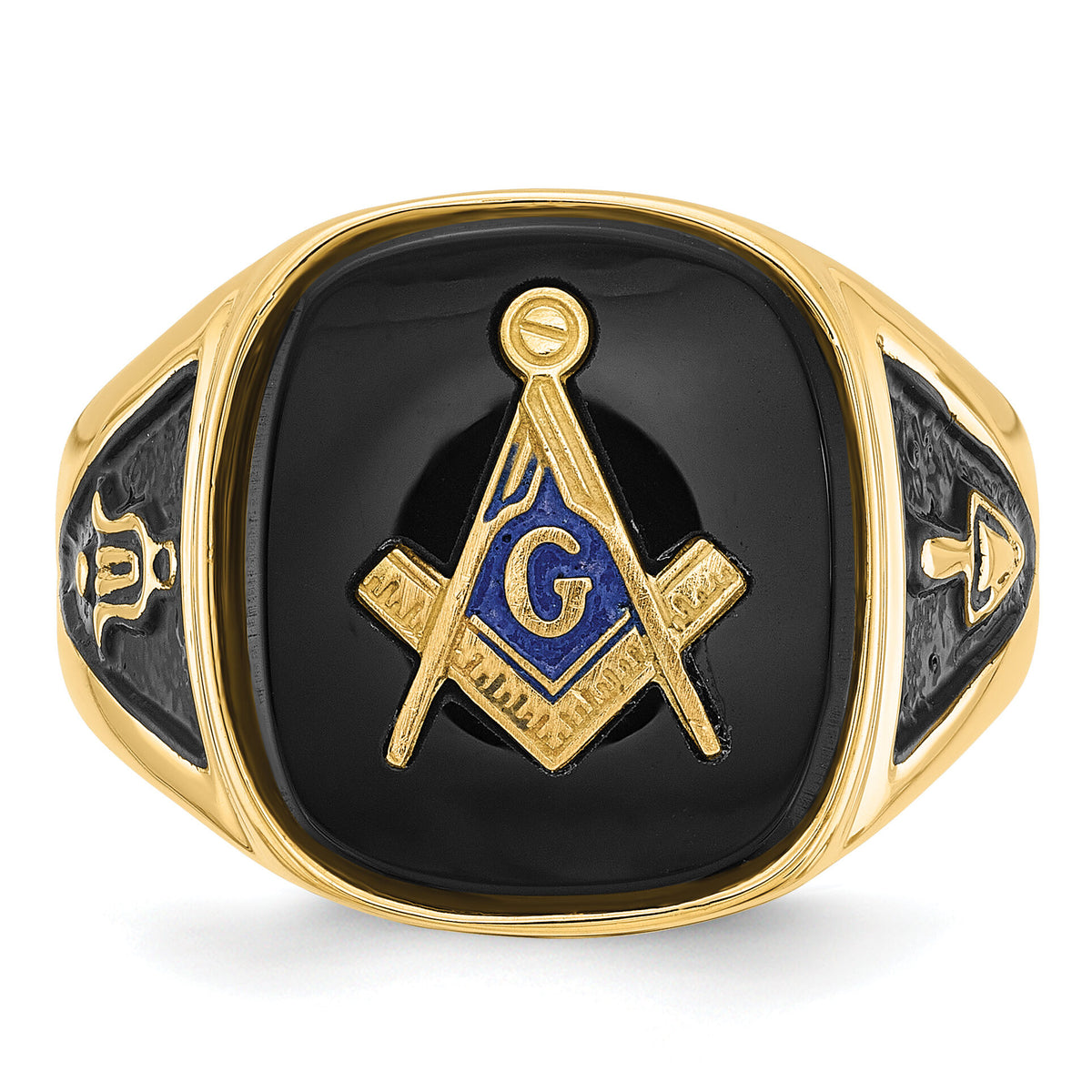 14k Men's Polished & Textured w/ Black Enamel & Onyx Masonic Ring-Y1596M