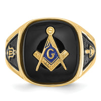 14k Men's Polished & Textured w/ Black Enamel & Onyx Masonic Ring-Y1596M