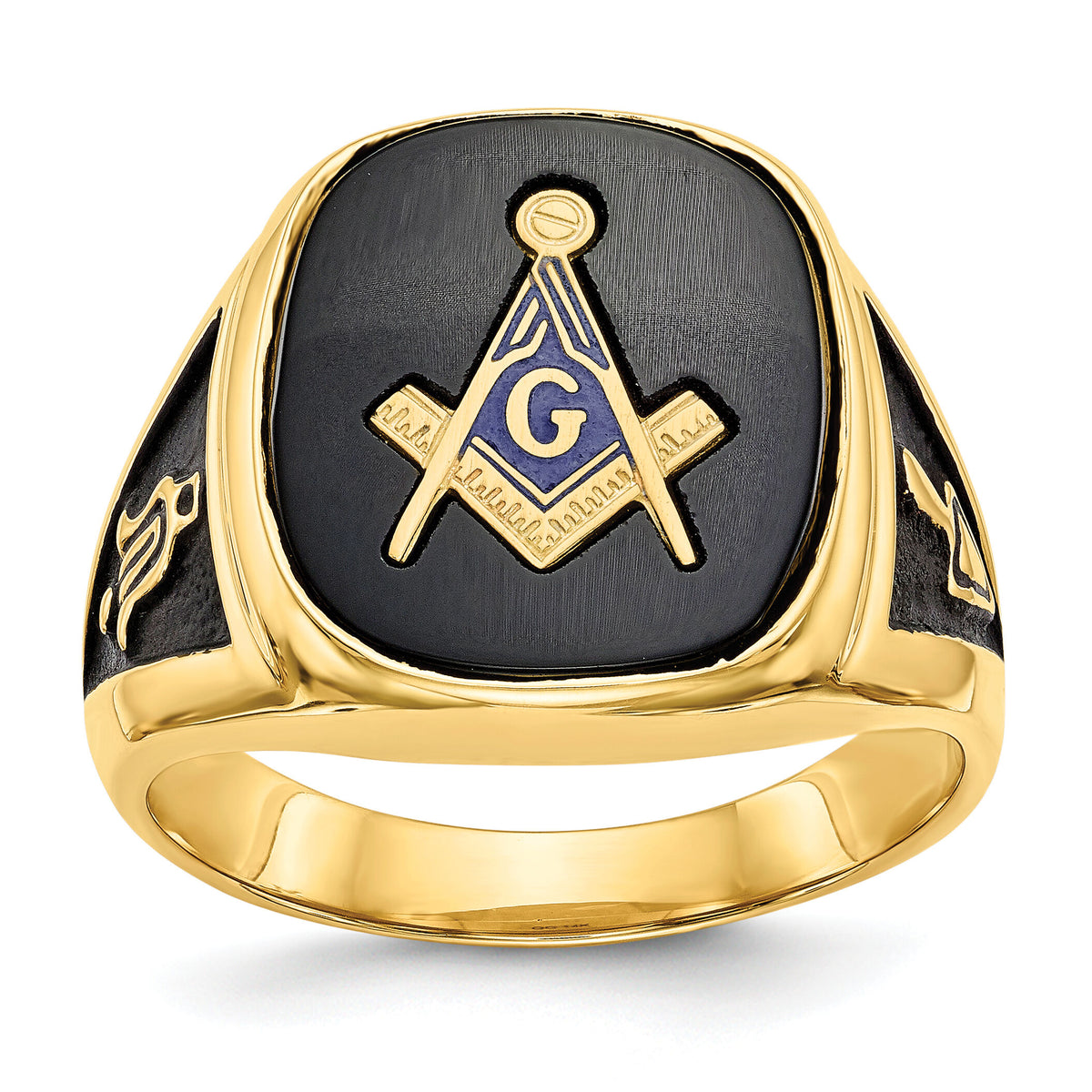 14k Men's Polished & Textured w/ Black Enamel & Onyx Masonic Ring-Y1596M