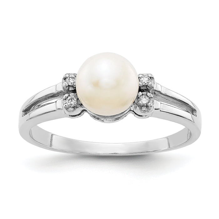 14k White Gold 6mm FW Cultured Pearl AA Diamond ring-Y1842PL/AA