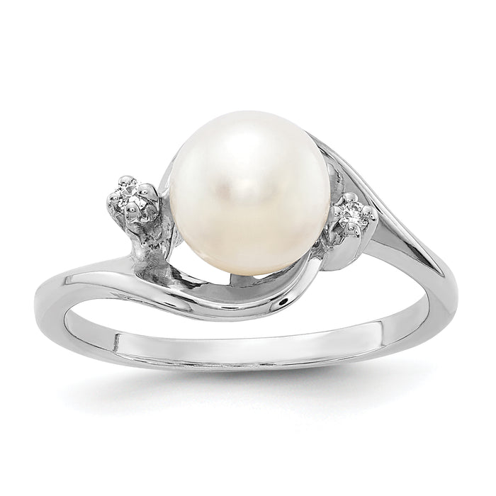 14k White Gold 7mm FW Cultured Pearl AA Diamond ring-Y1850PL/AA
