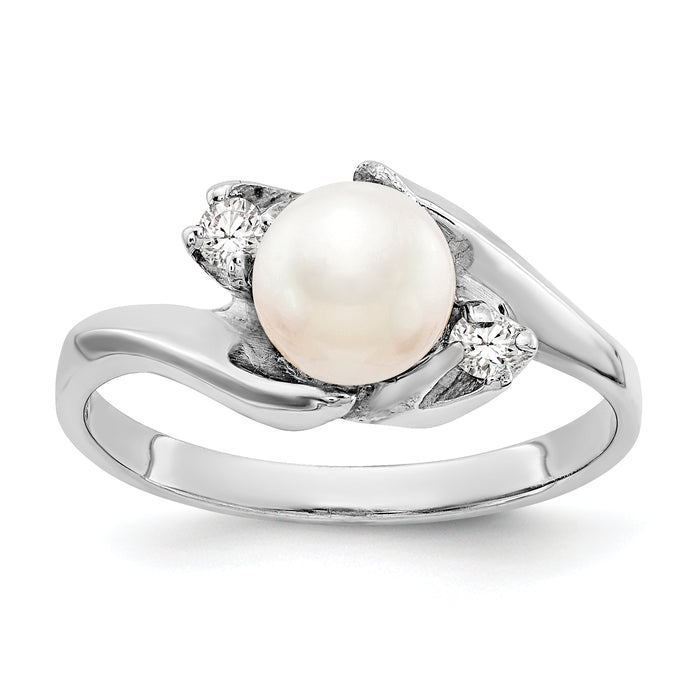 14k White Gold 6mm FW Cultured Pearl AA Diamond ring-Y1933PL/AA