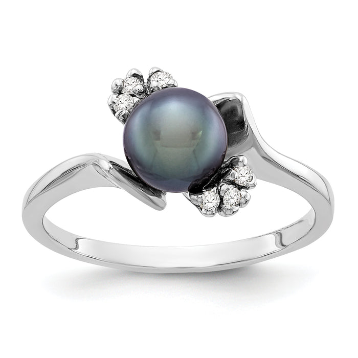 14k White Gold 6mm Black FW Cultured Pearl AA Diamond ring-Y2015BP/AA