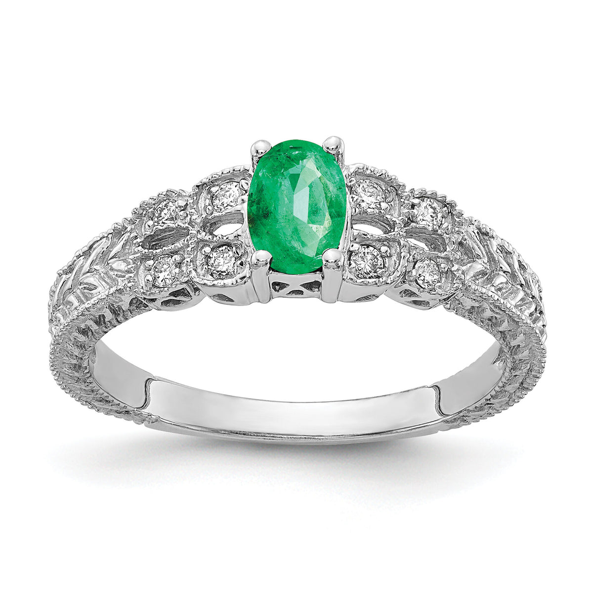 14k White Gold 6x4mm Oval Emerald AA Diamond ring-Y2065E/AA