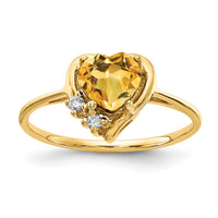 14k 6mm Heart Citrine AA Diamond ring-Y2233CI/AA
