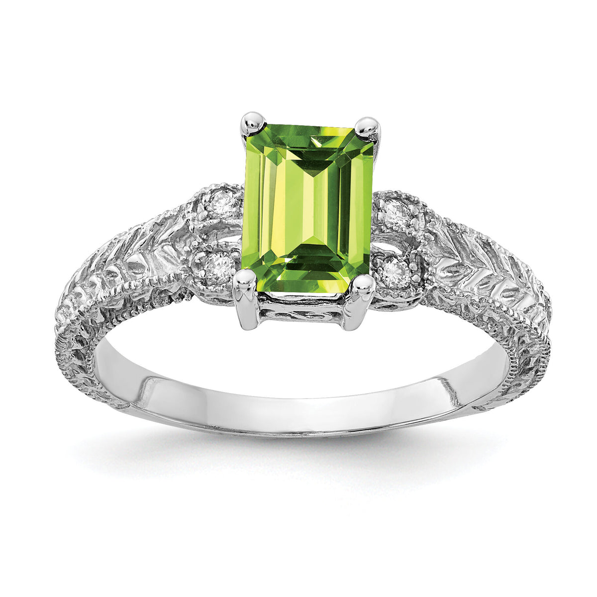 14k White Gold 7x5mm Emerald Cut Peridot AA Diamond ring-Y2266PE/AA