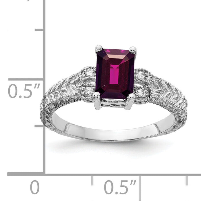 14k White Gold 7x5mm Emerald Cut Rhodolite Garnet AA Diamond ring-Y2266RG/AA