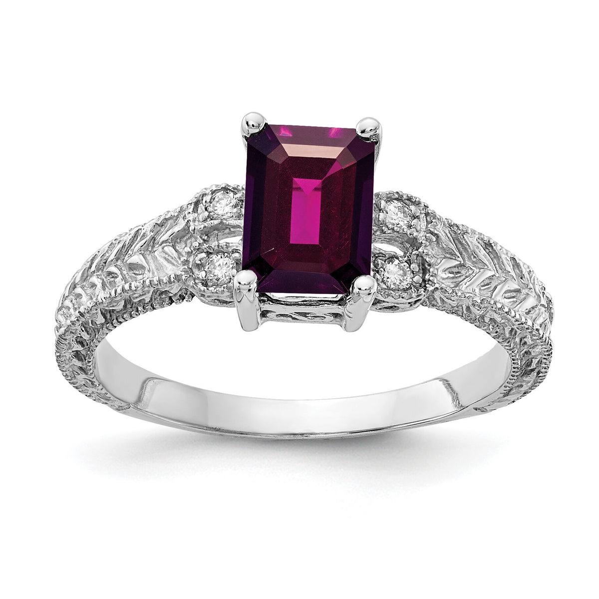 14k White Gold 7x5mm Emerald Cut Rhodolite Garnet AA Diamond ring-Y2266RG/AA