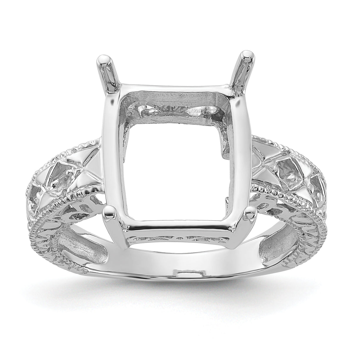 14k White Gold .02ct. Diamond & 12x10 Emerald-cut Gemstone Ring Mounting-Y2270