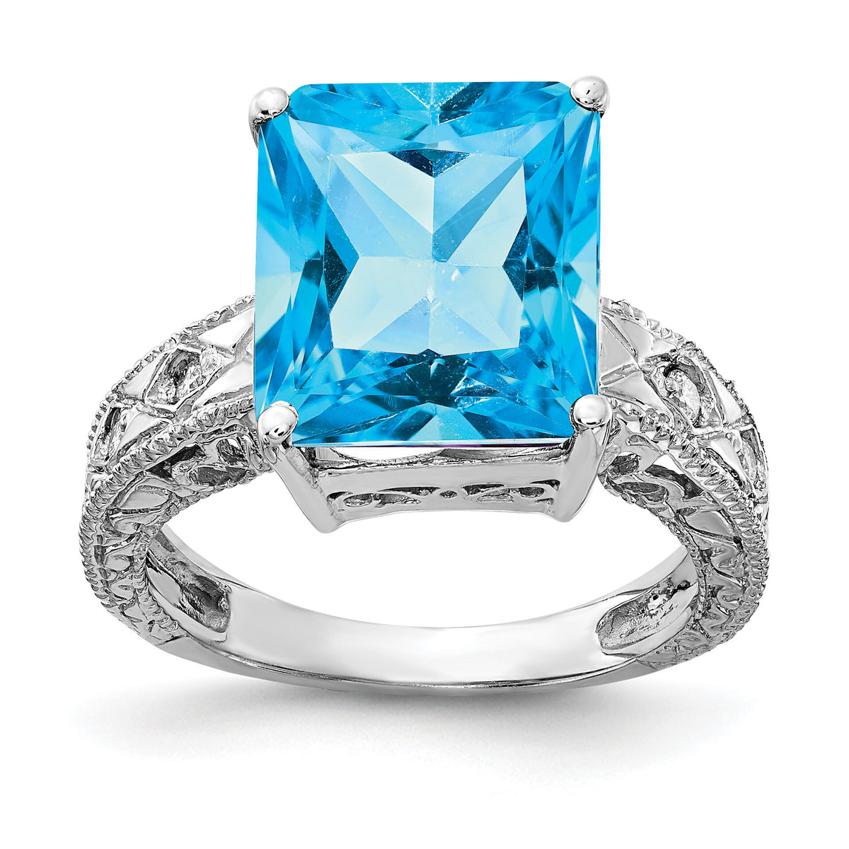 14k White Gold 12x10mm Emerald Cut Blue Topaz AA Diamond ring-Y2270BT/AA