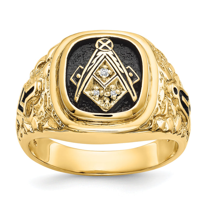 14k Polished, Antiqued and Nugget Texture Diamond Masonic Ring-Y4035MAA