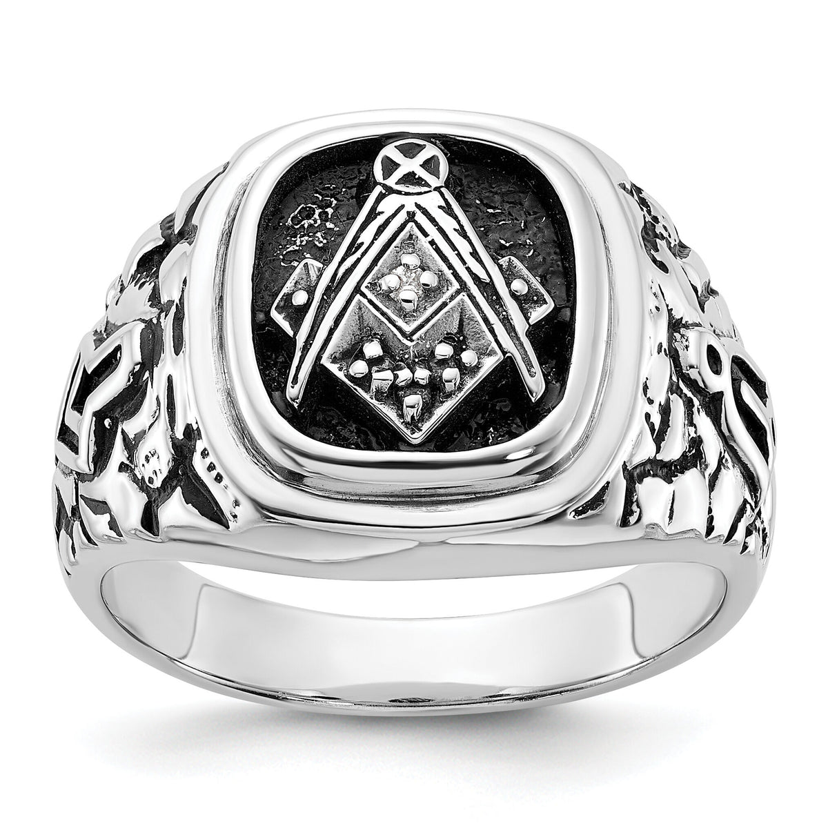 14kw Men's Antiqued Textured w/ Black Enamel & Diamond Masonic Ring-Y4036MAA