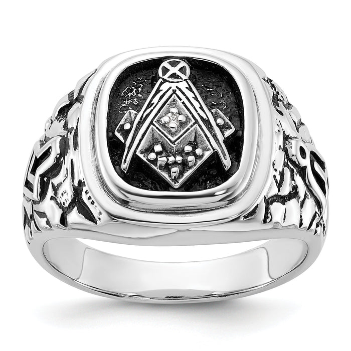 14kw Men's Antiqued Textured w/ Black Enamel & Diamond Masonic Ring-Y4036MAA