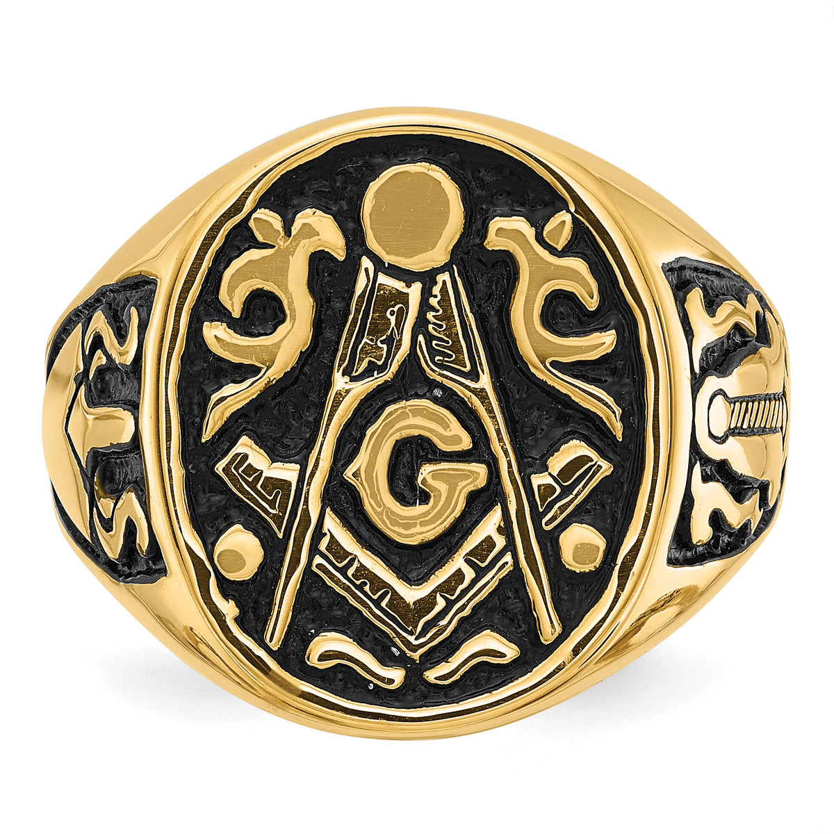 14k Men's Polished and Grooved with Black Enamel Masonic Ring-Y4041M