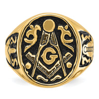 14k Men's Polished and Grooved with Black Enamel Masonic Ring-Y4041M