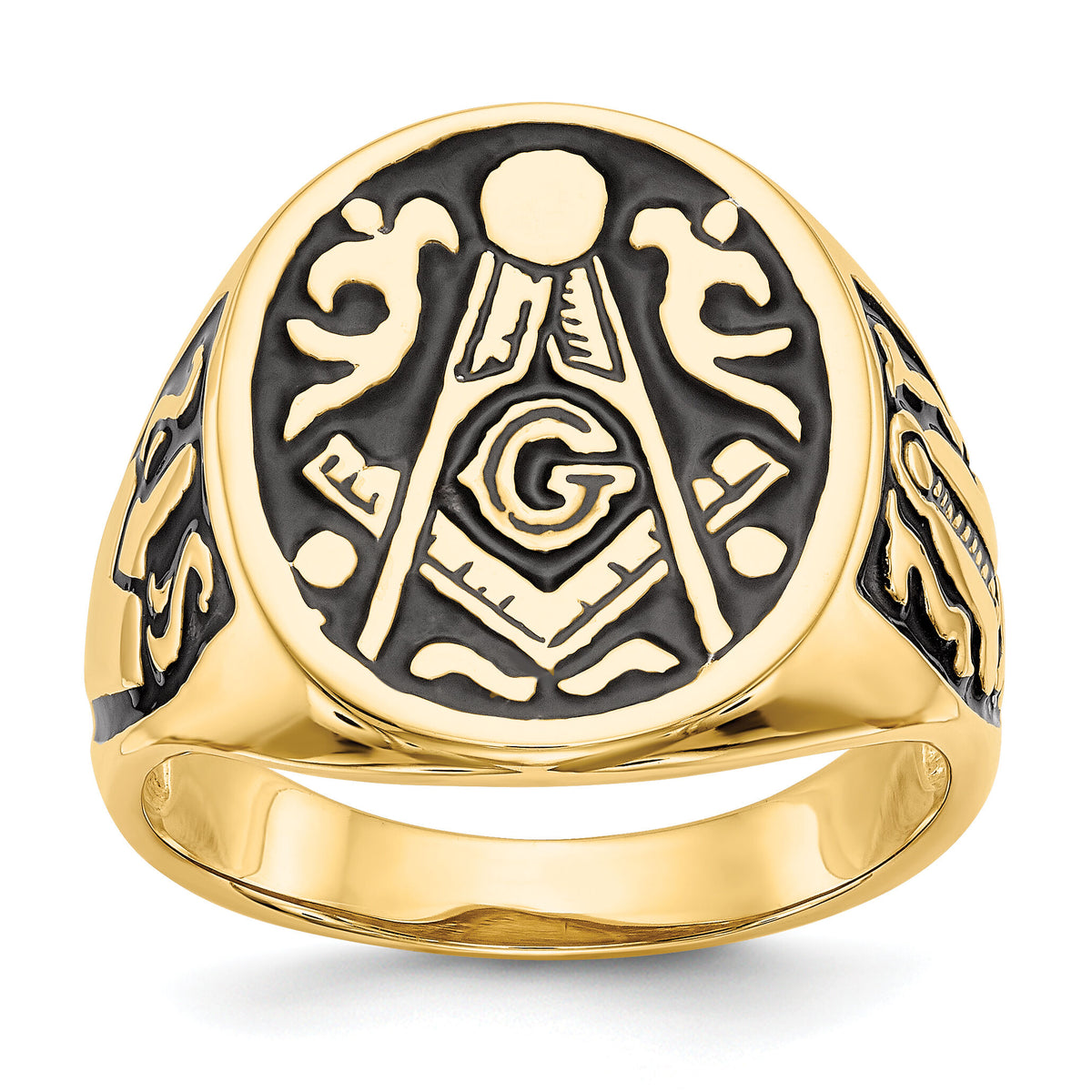 14k Men's Polished and Grooved with Black Enamel Masonic Ring-Y4041M