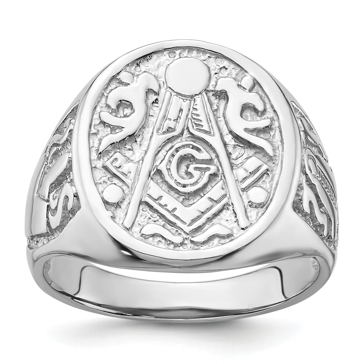 14k White Gold Men's Polished and Grooved (No Enamel) Masonic Ring-Y4042