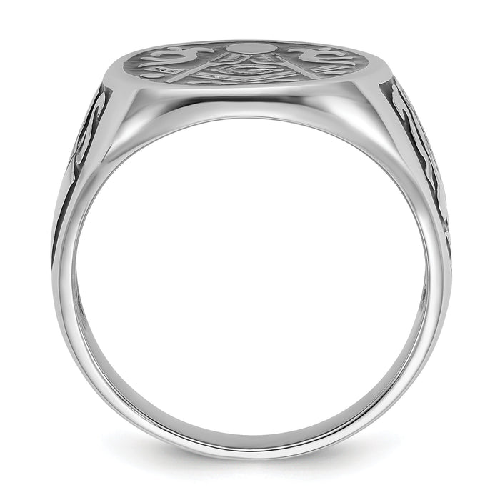 14k White Gold Men's Polished and Grooved with Black Enamel Masonic Ring-Y4042M