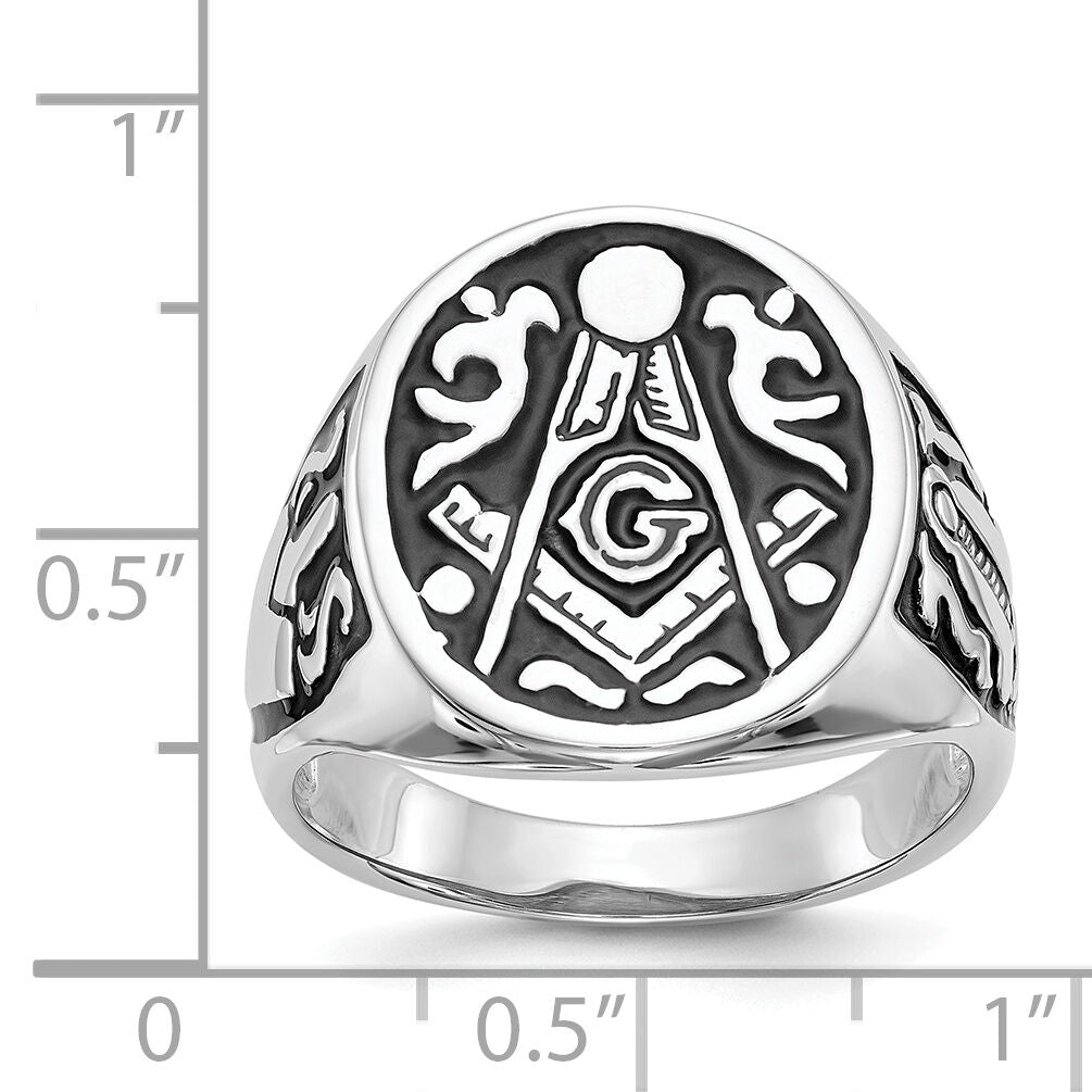 14k White Gold Men's Polished and Grooved with Black Enamel Masonic Ring-Y4042M