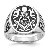14k White Gold Men's Polished and Grooved with Black Enamel Masonic Ring-Y4042M