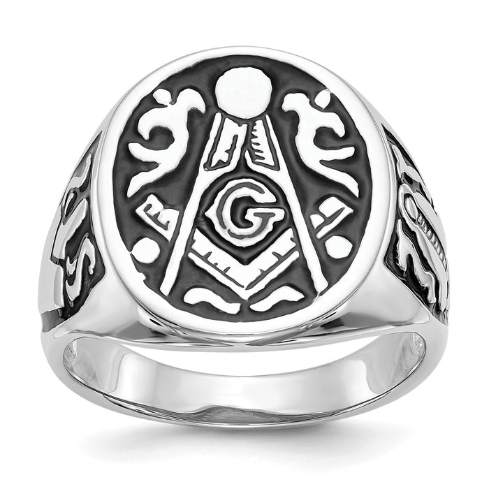 14k White Gold Men's Polished and Grooved with Black Enamel Masonic Ring-Y4042M