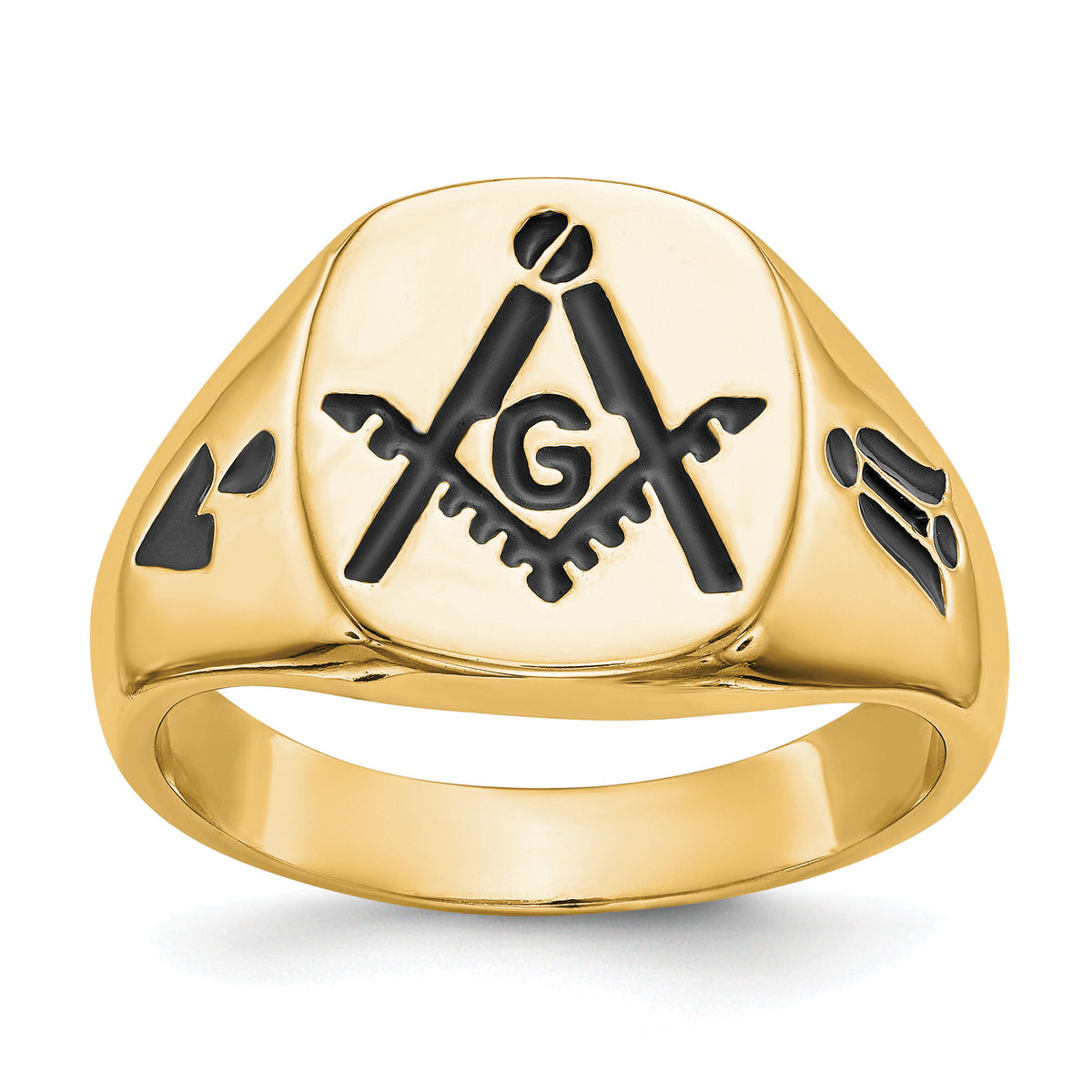 14k Men's Polished and Grooved with Black Enamel Masonic Ring-Y4047M