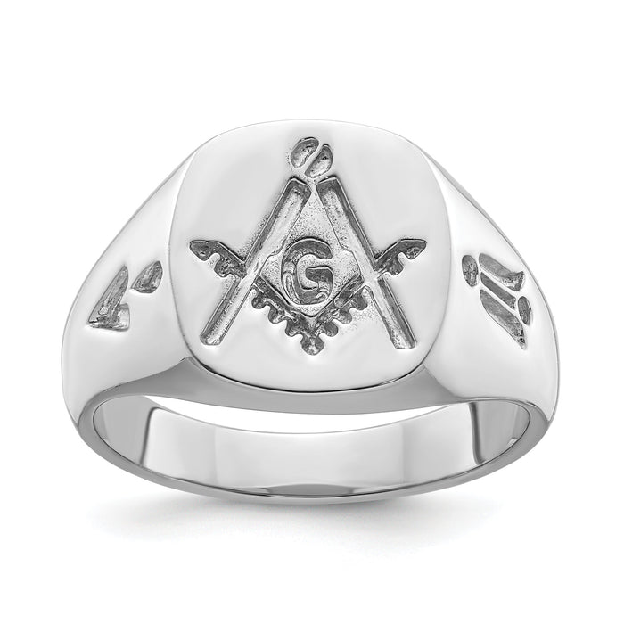 14k White Gold Men's Polished and Grooved (No Enamel) Masonic Ring-Y4048
