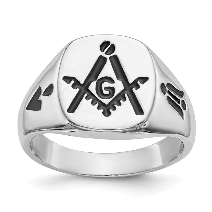 14k White Gold Men's Polished and Grooved with Black Enamel Masonic Ring-Y4048M