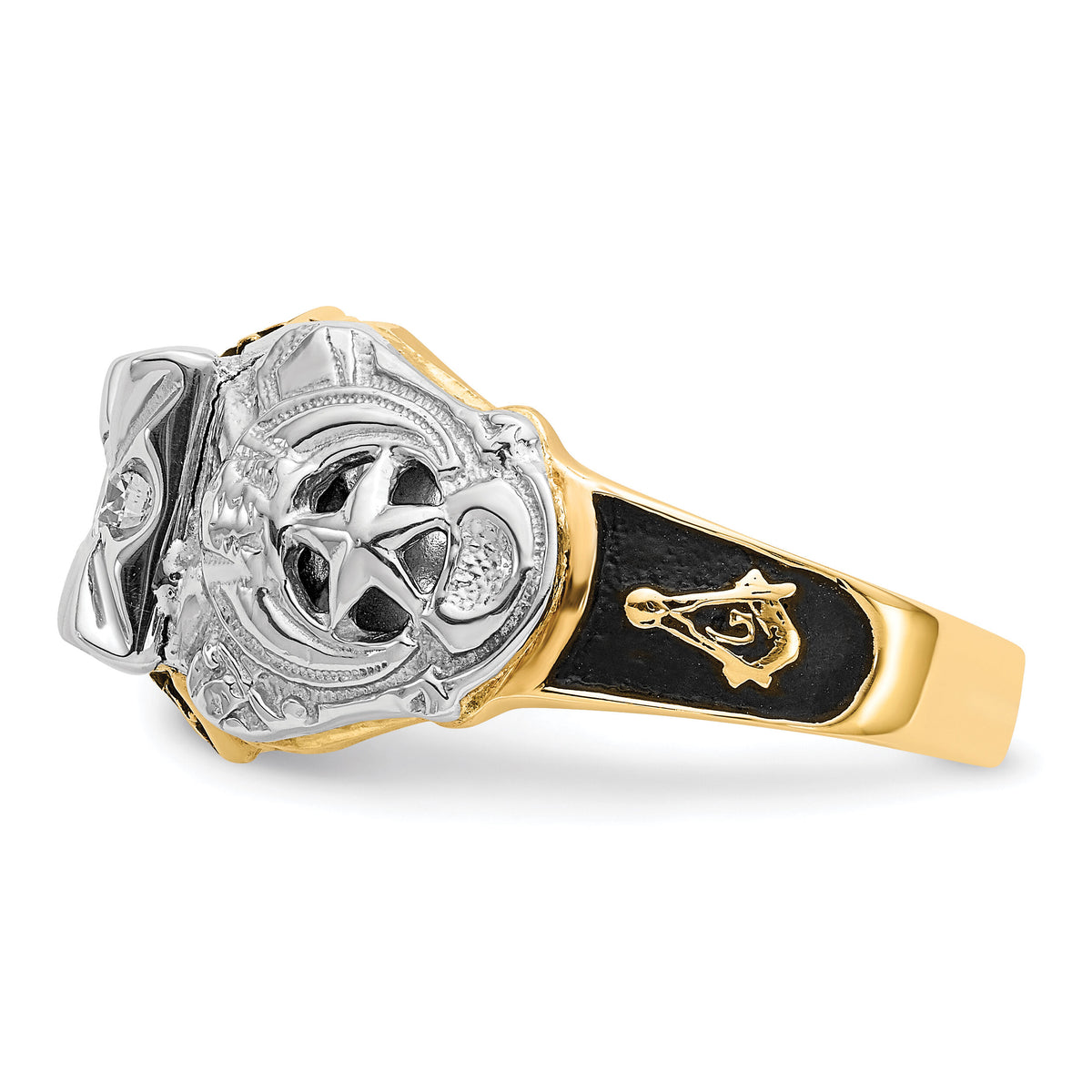14tt Men's Textured w/ Black Enamel & Diamond Masonic Ring-Y4049AA