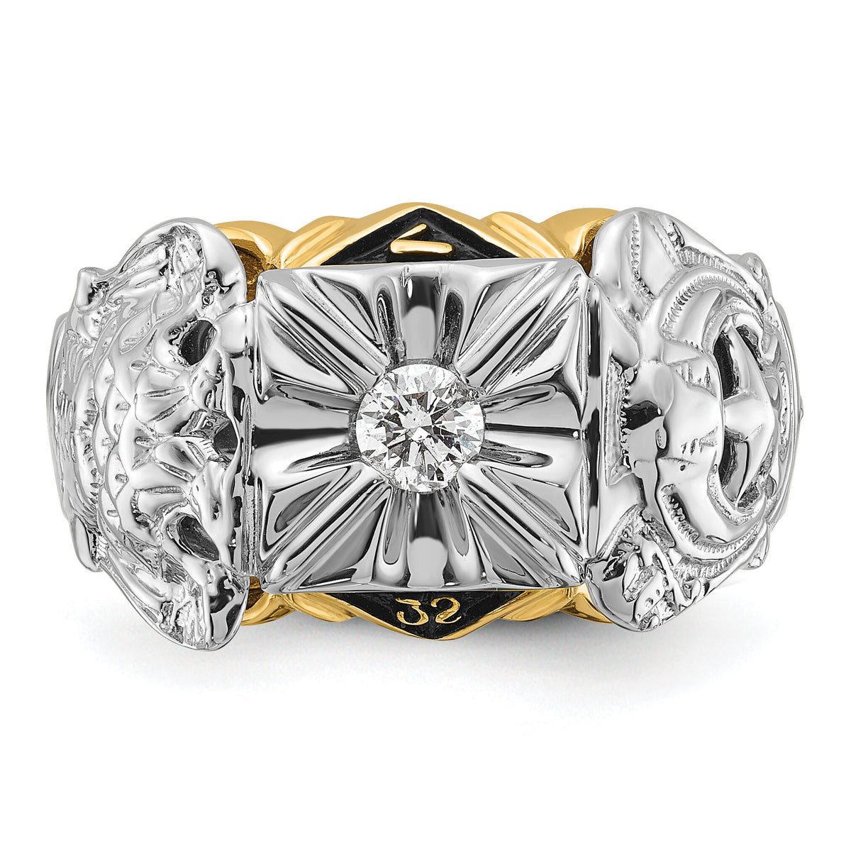 14tt Men's Textured w/ Black Enamel & Diamond Masonic Ring-Y4049AA