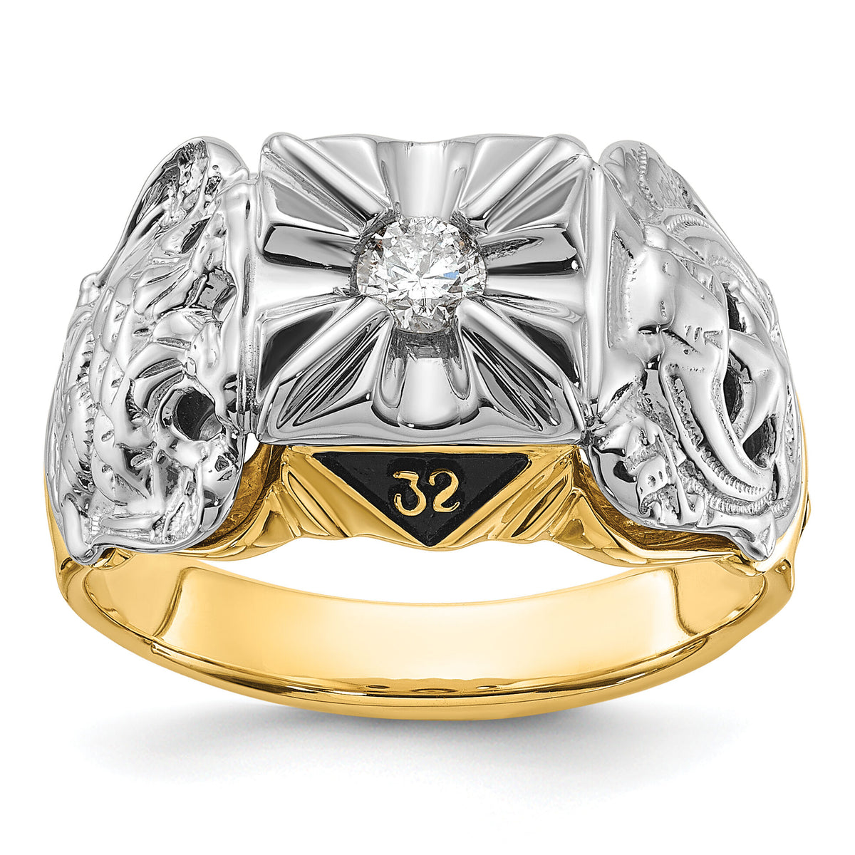 14tt Men's Textured w/ Black Enamel & Diamond Masonic Ring-Y4049AA
