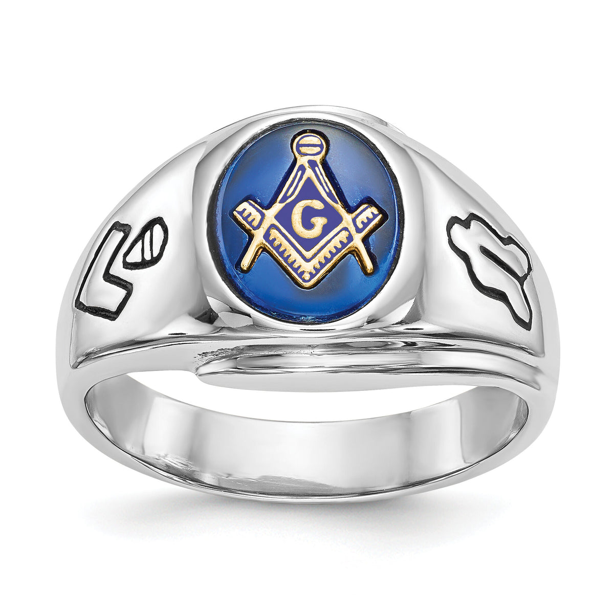 14kw Men's Polished & Antiqued w/ Imit. Blue Spinel Masonic Ring-Y4059M
