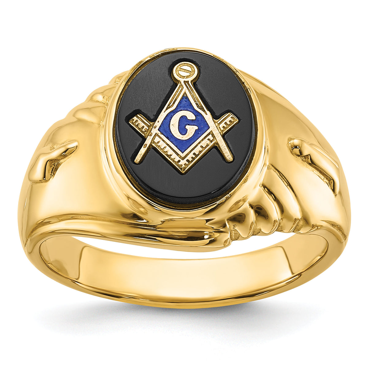14k Men's Polished and Textured with Oval Onyx Masonic Ring-Y4062M