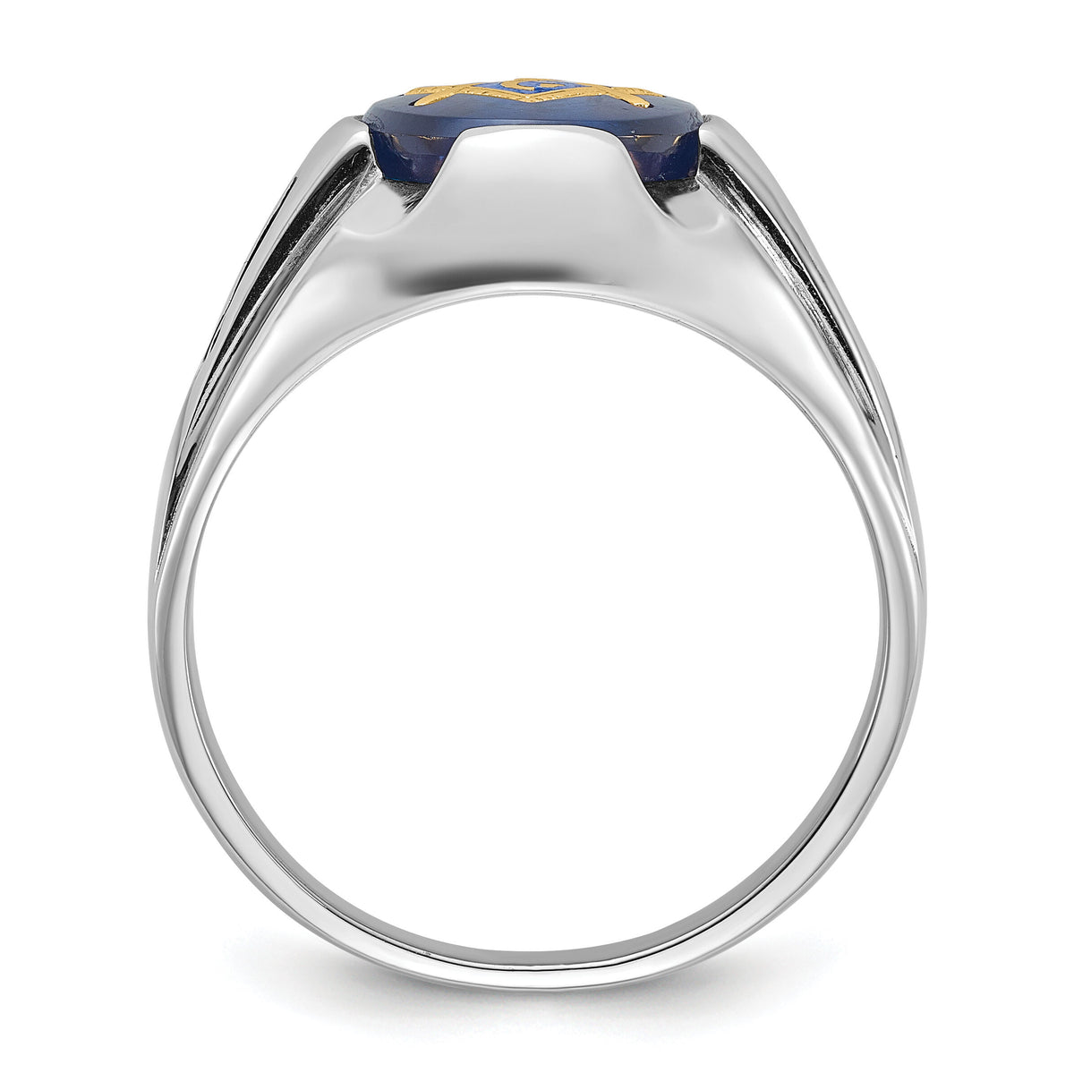 14kw Men's Polished, Antiqued & Grooved w/ Imit. Blue Spinel Masonic Ring-Y4067M