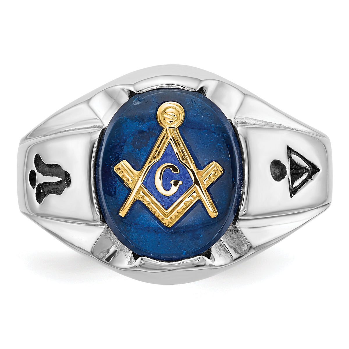 14kw Men's Polished, Antiqued & Grooved w/ Imit. Blue Spinel Masonic Ring-Y4067M