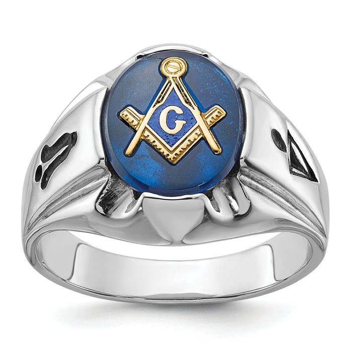 14kw Men's Polished, Antiqued & Grooved w/ Imit. Blue Spinel Masonic Ring-Y4067M