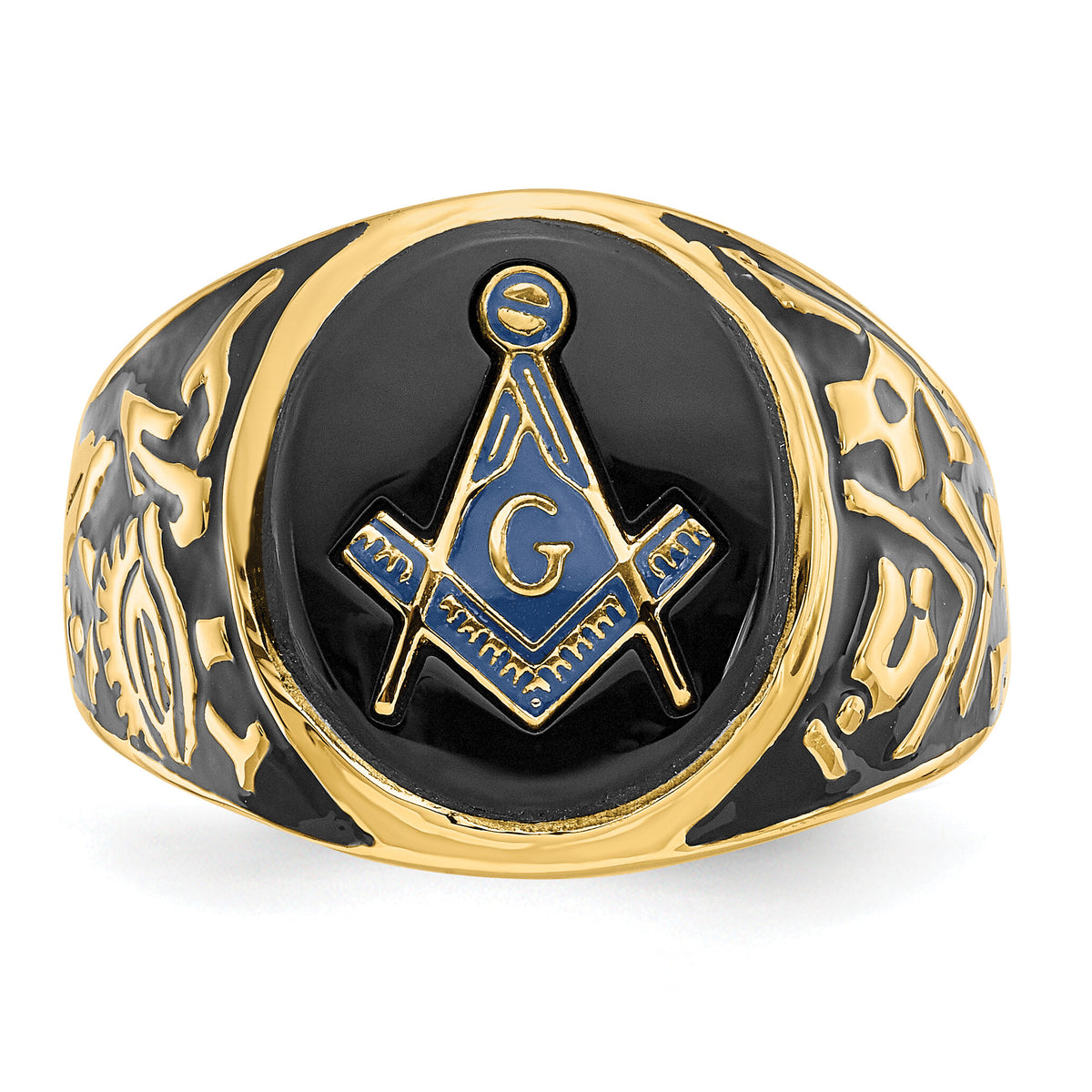 14k Men's Polished & Textured w/ Epoxy & Onyx Masonic Ring-Y4070M